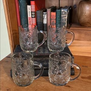 FOUR Princess House Elegant Heavy Clear Glass Poinsettia Mugs Set